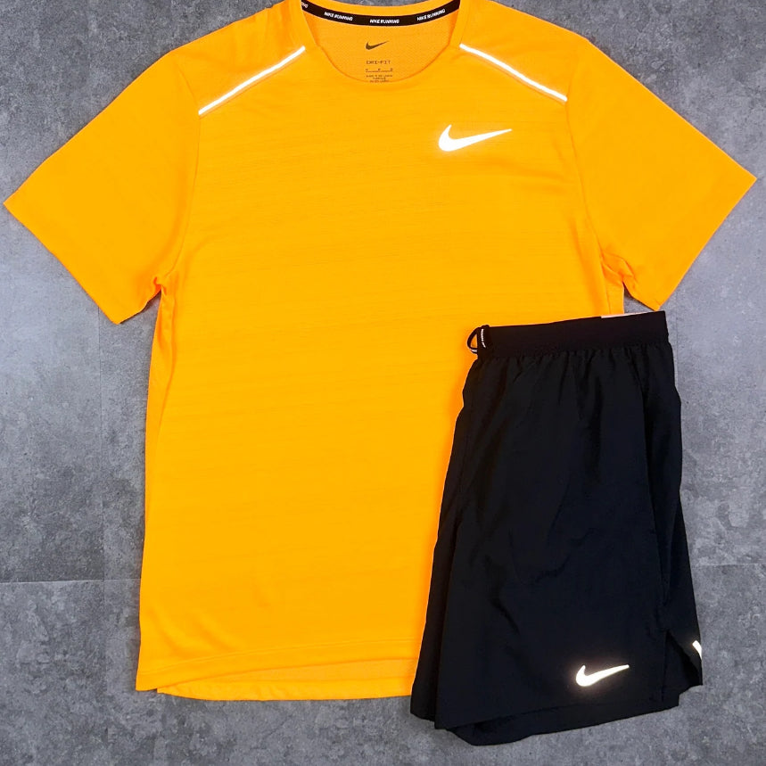Nike miler T-shirt laser orange & black flex stride shorts set
