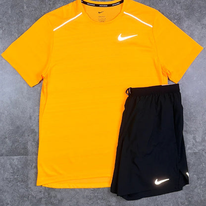 Nike miler T-shirt laser orange & black flex stride shorts set
